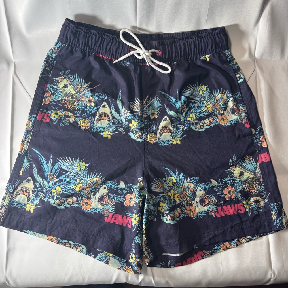 Men's Swim Shorts - Navy with Tropical Jaw’s Print